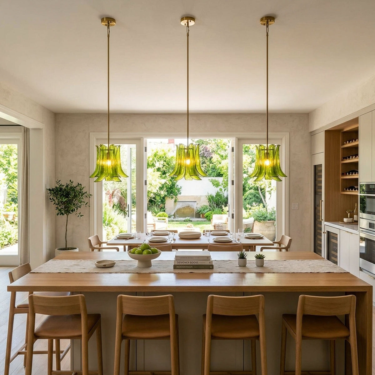 Semoy Curved Glass Petal Pendant Light | Curved Glass and Brass | Trio of green pendant lights hanging above a wooden dining table | Severn Lighting