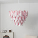 Seraphina Rose Glass Petal Chandelier | Glass, Metal | Unlit front studio view of the multi-tiered pink glass floral chandelier suspended against a plain white wall backdrop | Severn Lighting