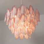 Seraphina Rose Glass Petal Chandelier | Glass, Metal | Close-up medium shot of the fully lit rose glass chandelier showcasing the brilliant texture of its overlapping frosted petals | Severn Lighting