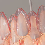 Seraphina Rose Glass Petal Chandelier | Glass, Metal | Detailed close-up focus on the top tier glass panels highlighting the frosted centers and translucent pink curved borders | Detail shot | Severn Lighting