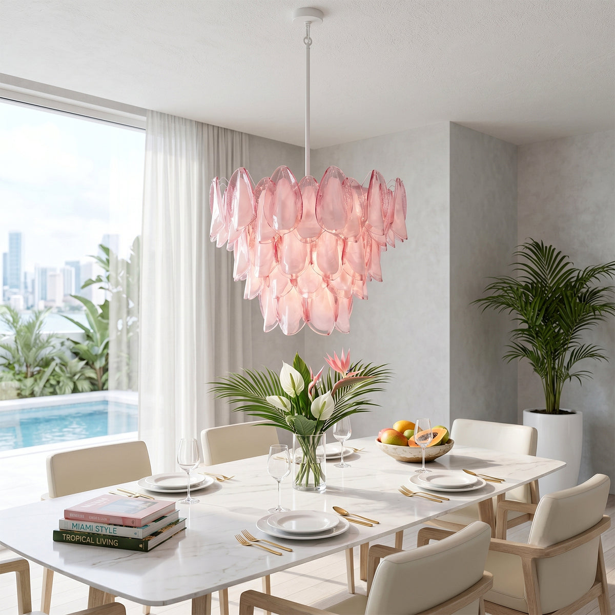 Seraphina Rose Glass Petal Chandelier | Glass, Metal | Suspended as a striking centerpiece over a modern white dining table in a luxurious villa dining room overlooking a swimming pool | Severn Lighting