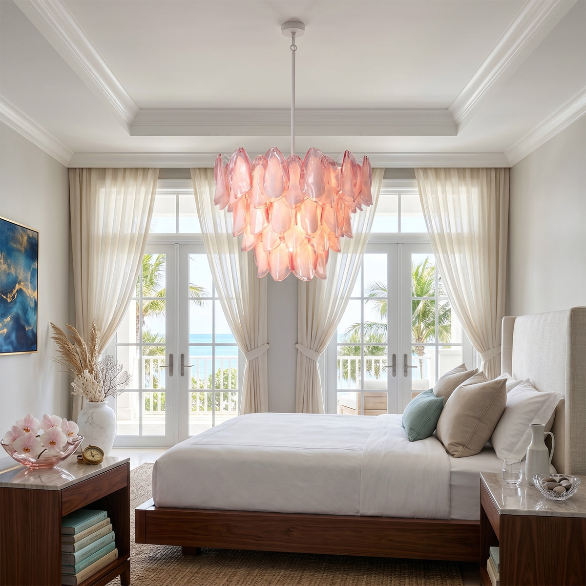 Seraphina Rose Glass Petal Chandelier | Glass, Metal | Installed as grand overhead lighting in a serene master bedroom with a large bed, neutral linens, and bright balcony doors | Severn Lighting