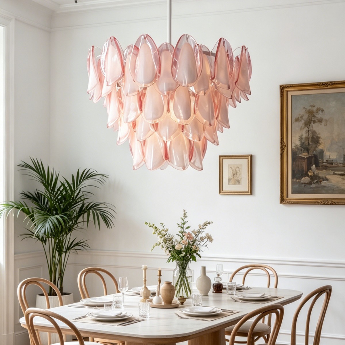 Seraphina Rose Glass Petal Chandelier | Glass, Metal | Positioned elegantly over a white oval wooden dining table and classical wishbone chairs in a refined dining room | Severn Lighting
