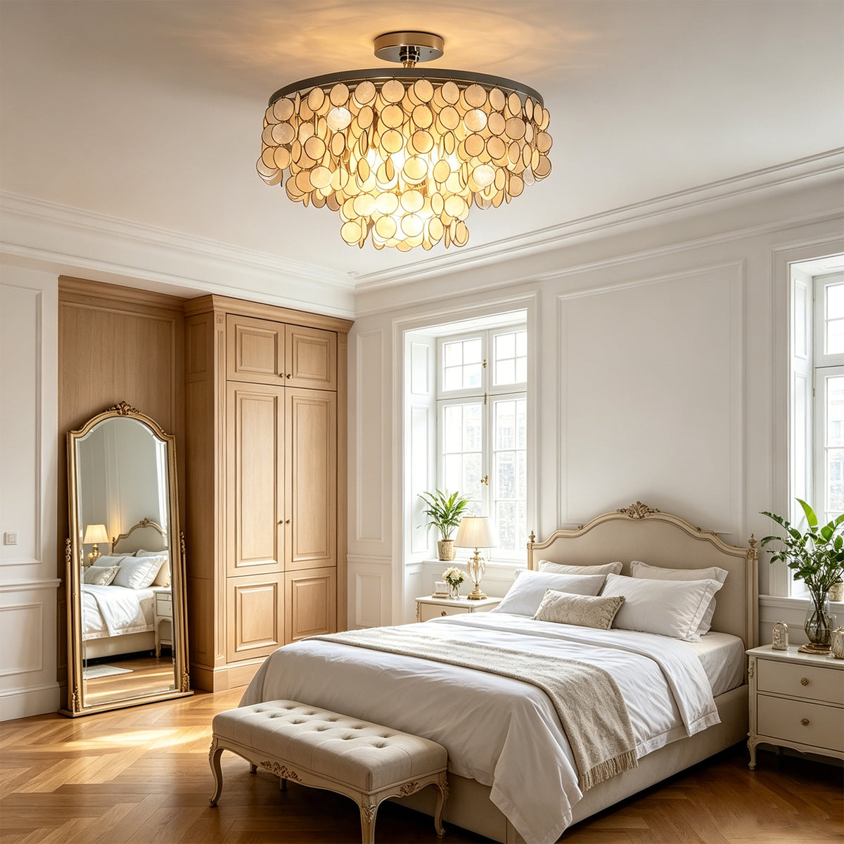Sirena Capiz Disc Tiered Ceiling Light | Shell, Metal | Providing a warm, glamorous ambient glow in a classic bright bedroom with neutral tones and a large upholstered bed | Samu Lamp