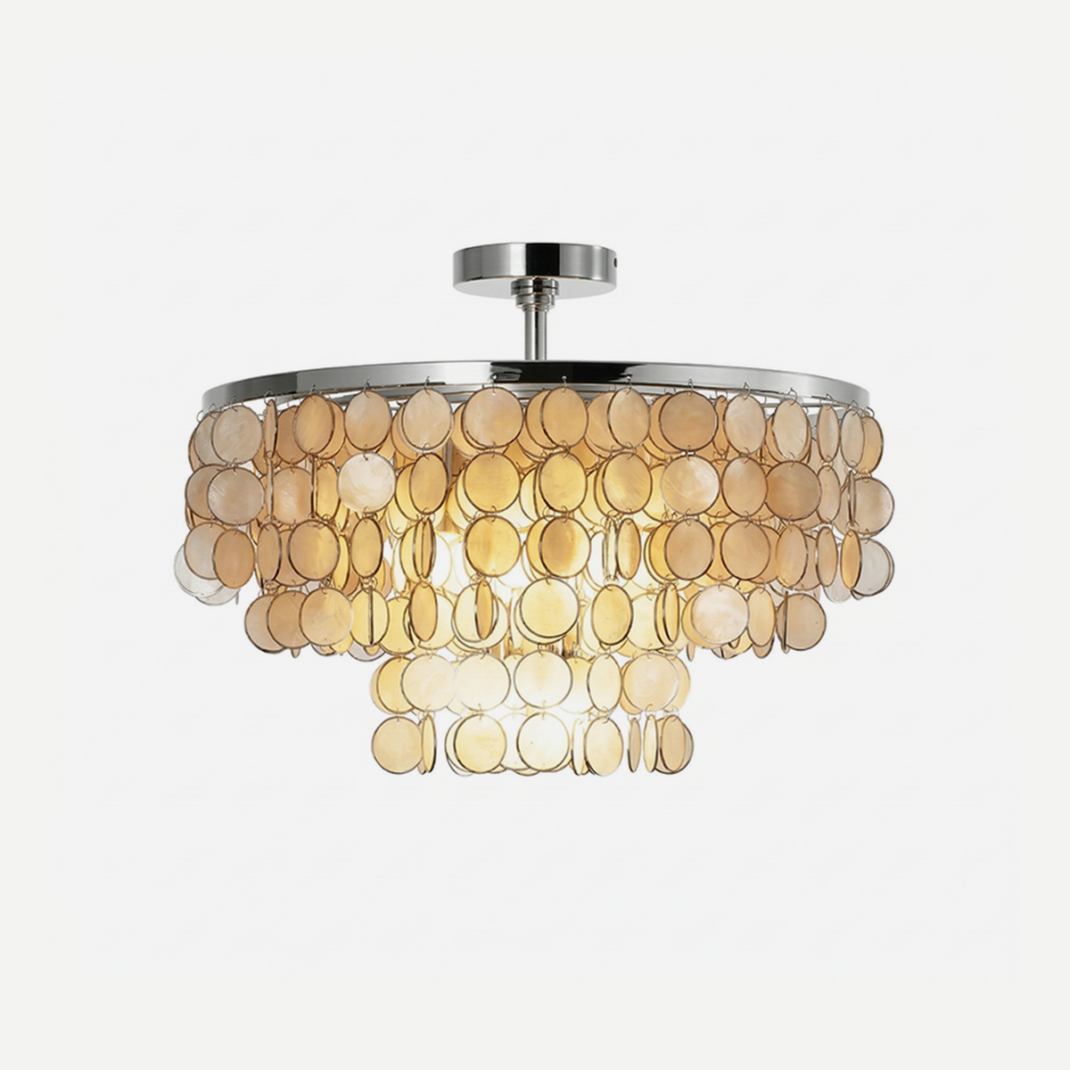 Sirena Capiz Disc Tiered Ceiling Light | Shell, Metal | Multi-tiered semi-flush mount ceiling light with cascading translucent capiz shell discs and chrome metal accents | Isolated lit product shot on white background | Samu Lamp