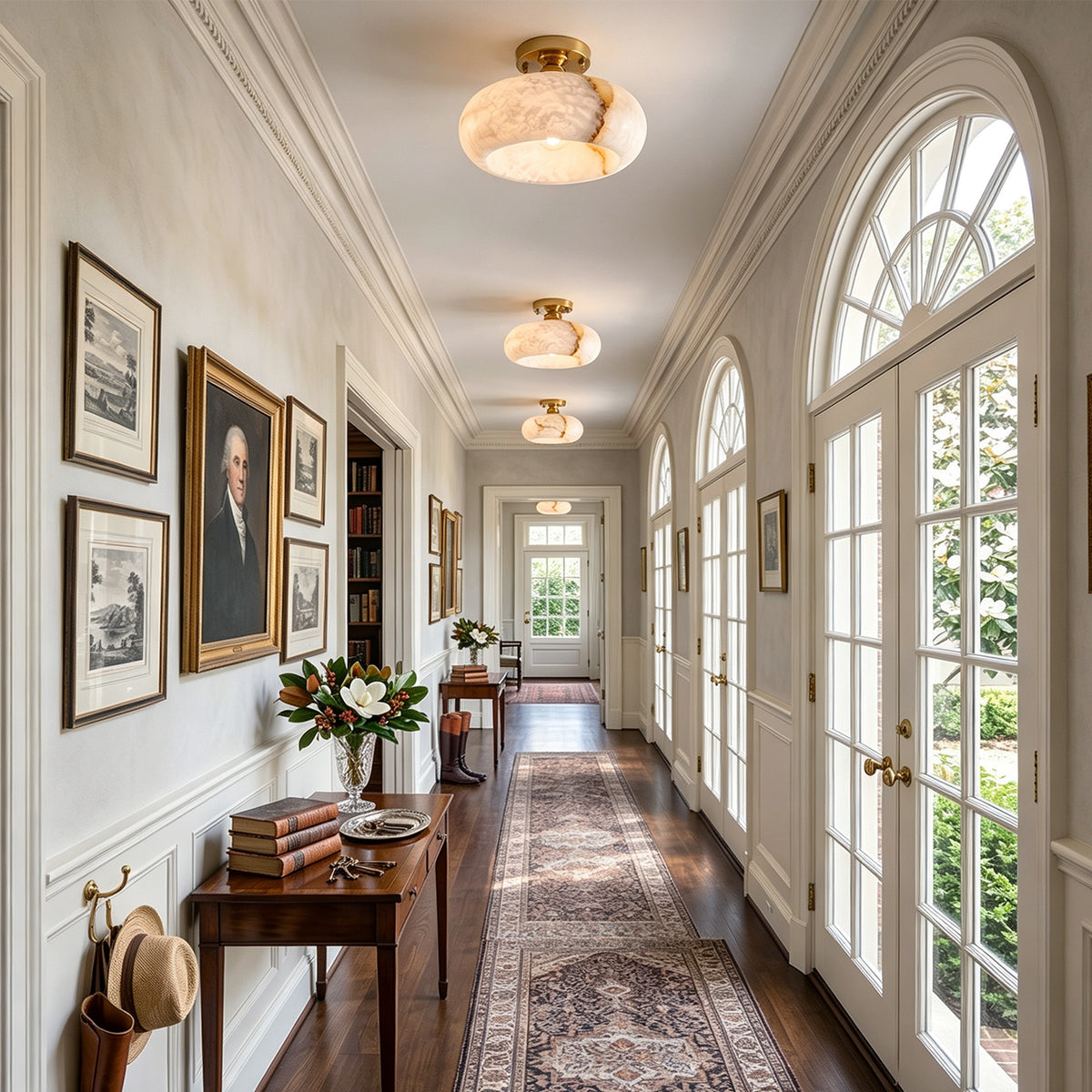 Solaine Alabaster Dome Ceiling Light | Natural Alabaster and Brass | Row of flush mount lights lining a long arched hallway corridor | Severn Lighting