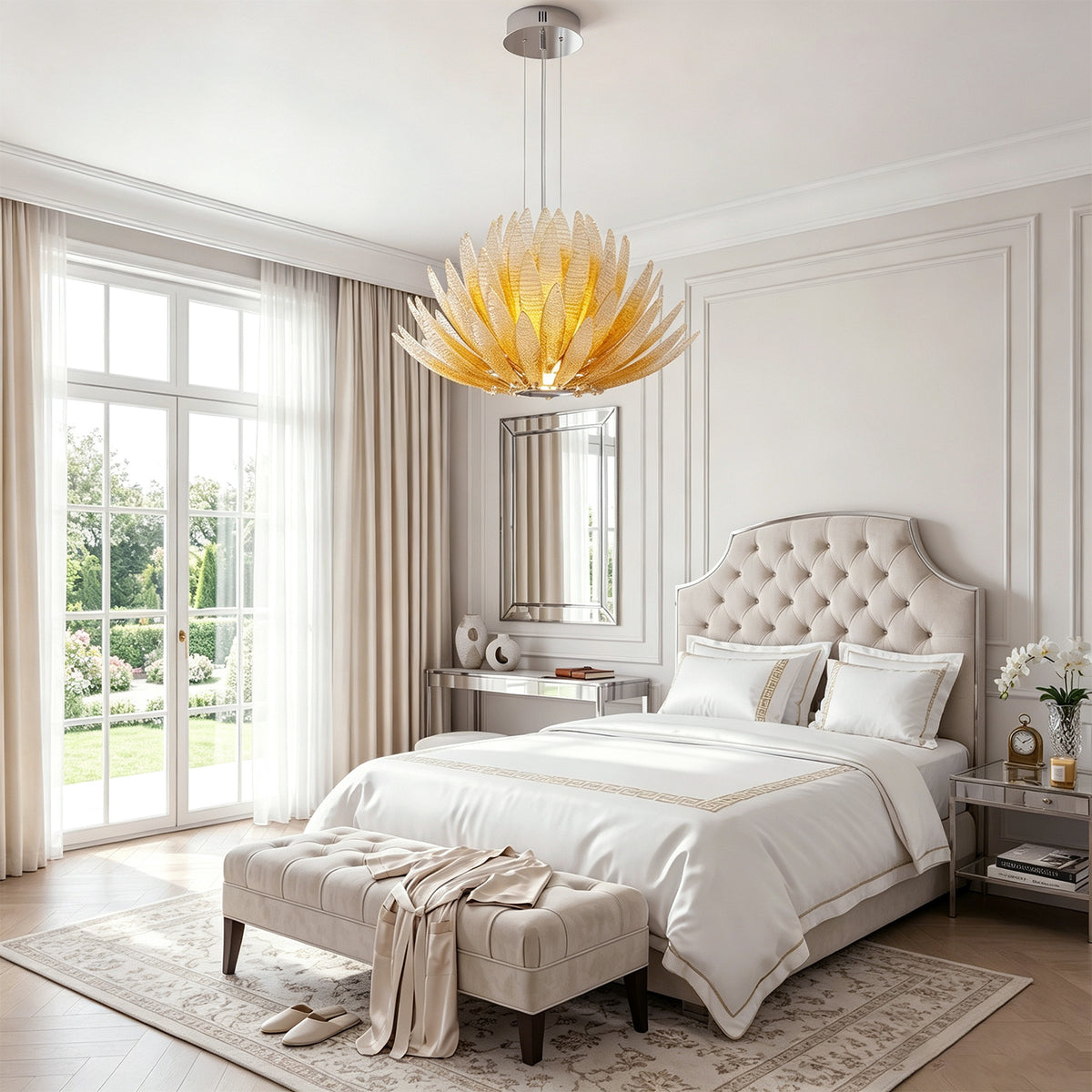 Solaris Agave Glass Starburst Chandelier | Amber Textured Glass | Casting a warm glow in a sophisticated neutral bedroom above a tufted beige bed | Severn Lighting