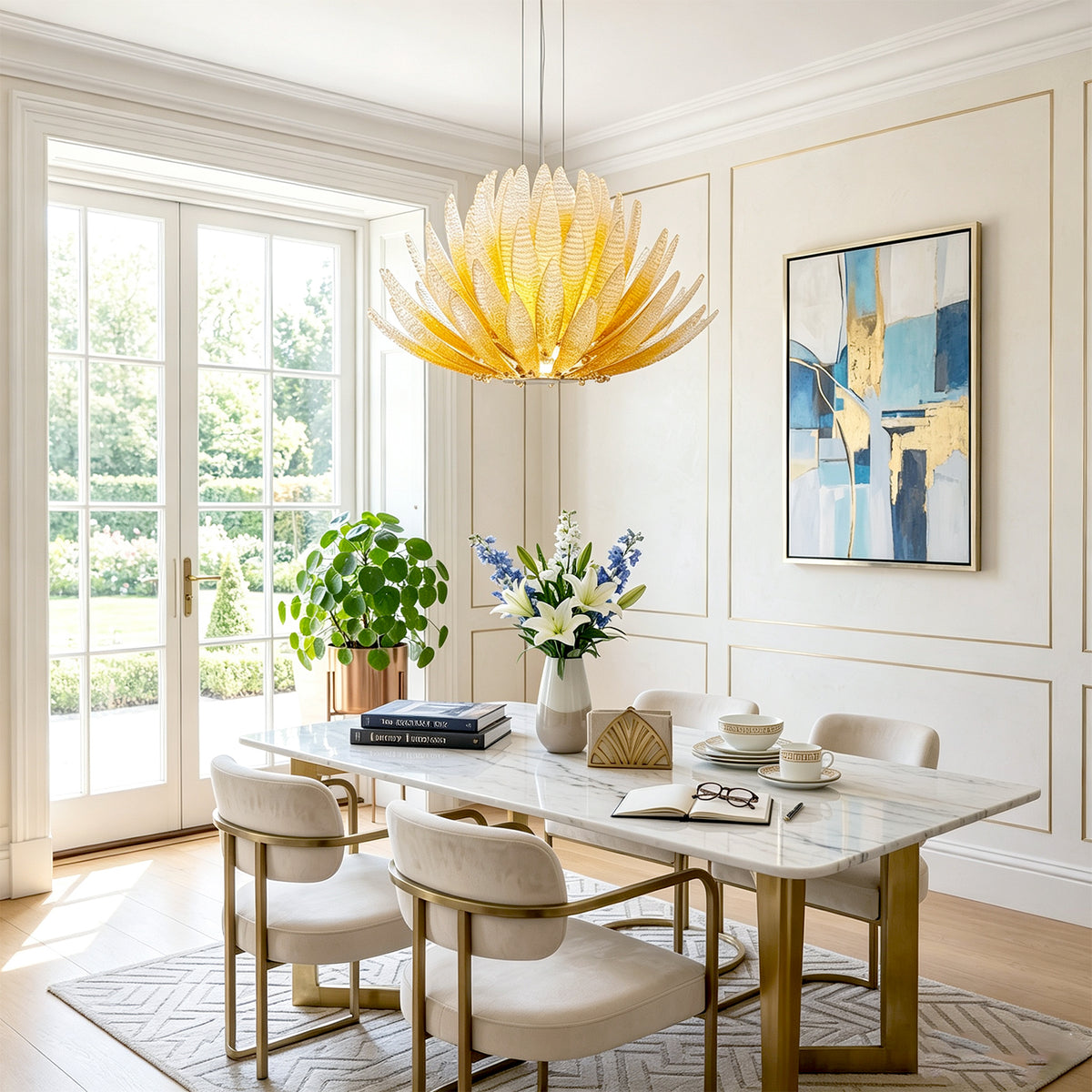 Solaris Agave Glass Starburst Chandelier | Amber Textured Glass | Styled in a bright contemporary dining room over a white marble table with gold accents | Severn Lighting