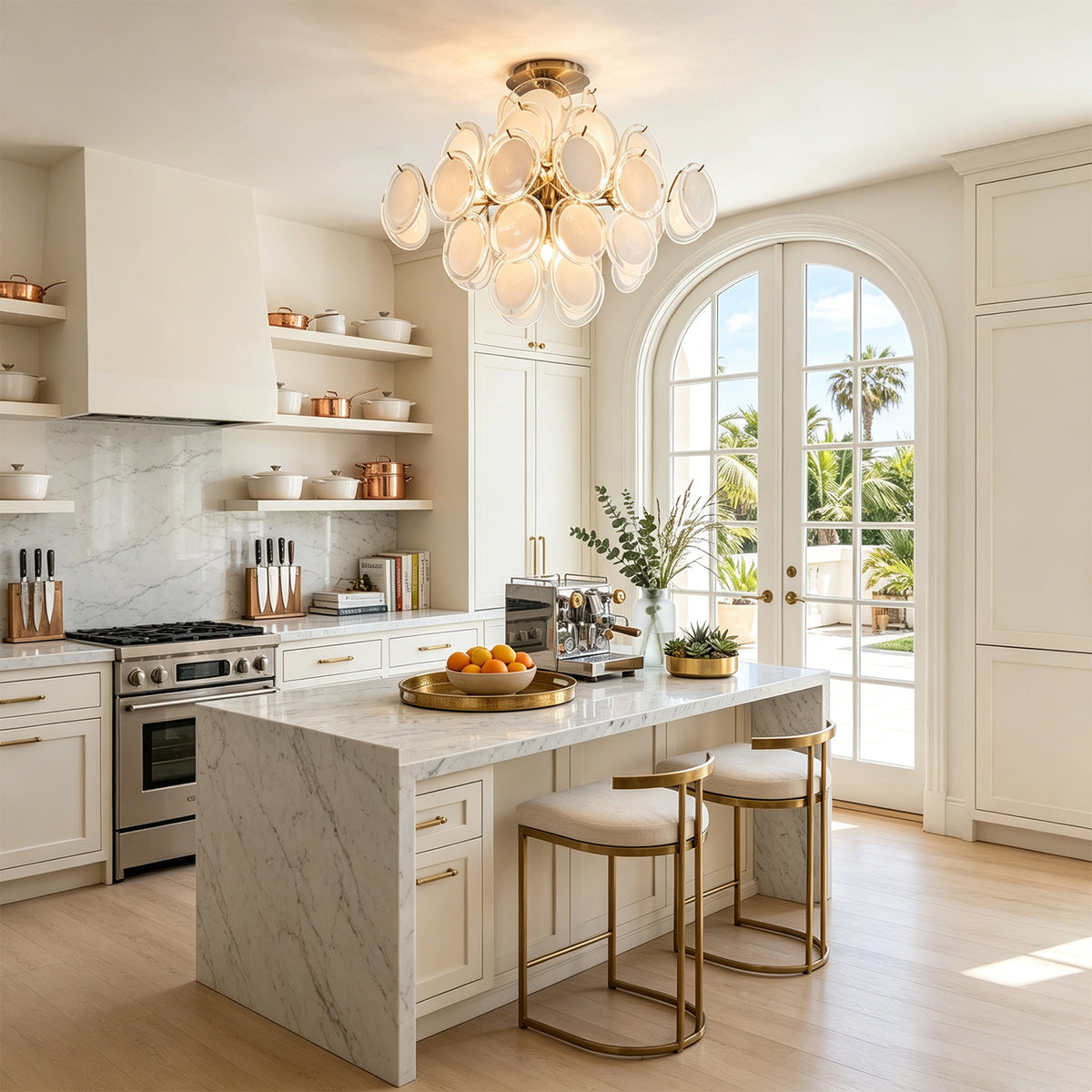 Solene Clustered Glass Disc Ceiling Light | Clear and Frosted Glass Discs | Suspended over a sleek white marble kitchen island counter with matching bar stools | Severn Lighting