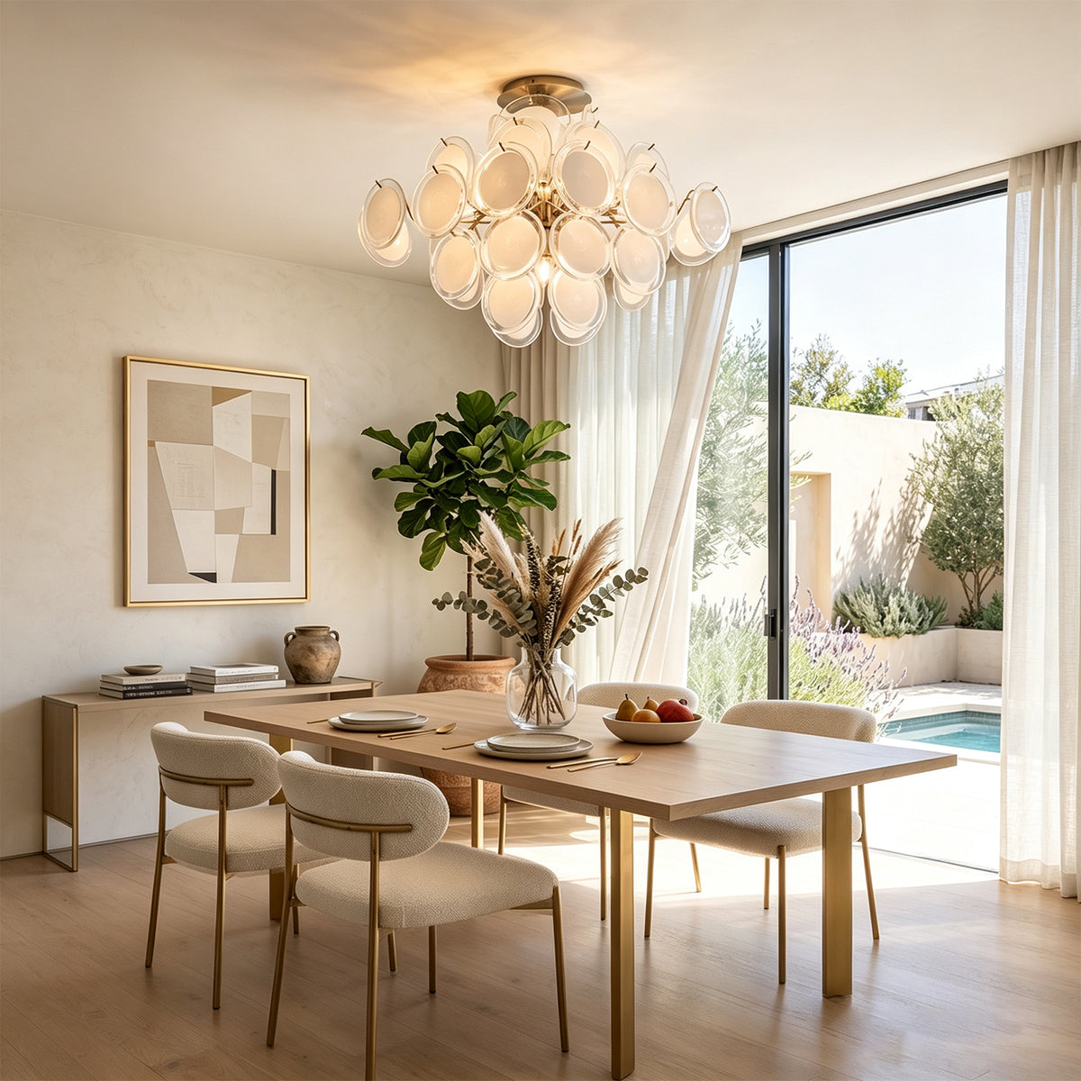 Solene Clustered Glass Disc Ceiling Light | Clear and Frosted Glass Discs | Casting a warm glow in a bright living room featuring a fireplace and a pool view window | Severn Lighting