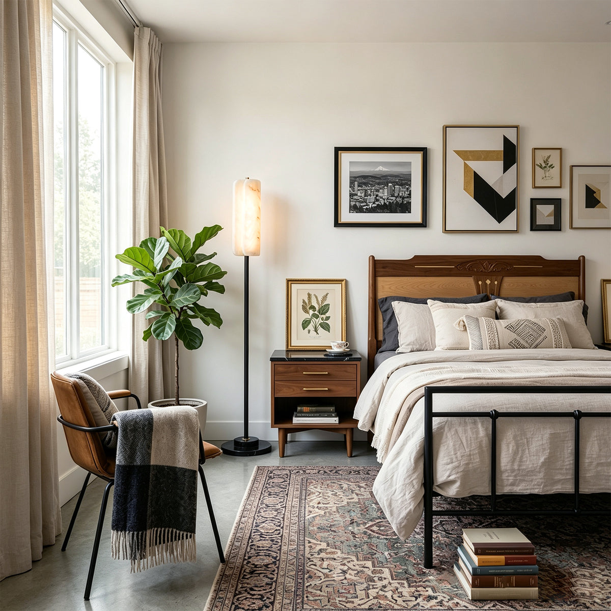 Stellan Alabaster Column Floor Lamp | Natural Alabaster, Brass and Black Metal | Standing beside a nightstand in a cozy bedroom setting | Severn Lighting