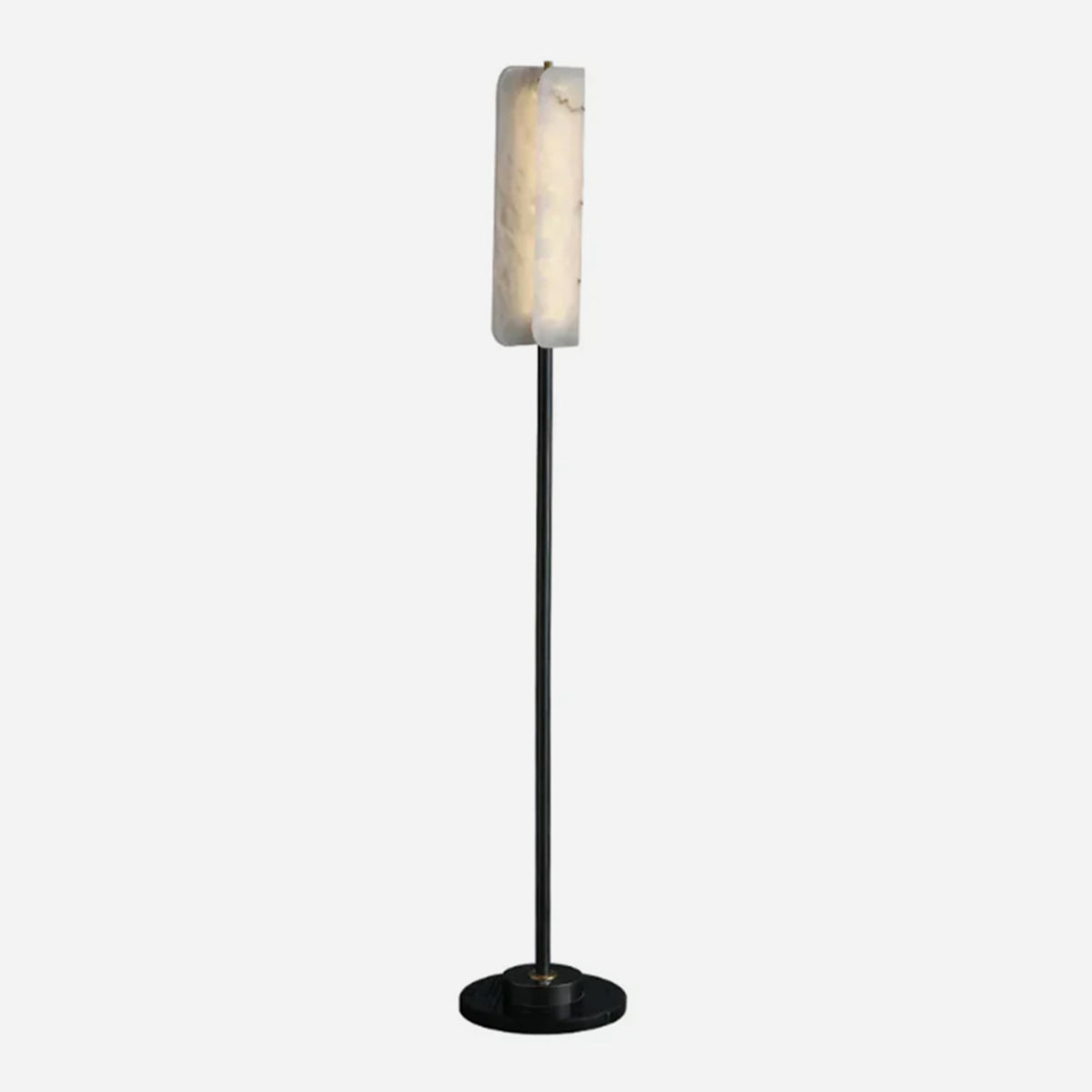 Stellan Alabaster Column Floor Lamp | Natural Alabaster, Brass and Black Metal | Full front view on a white background, illuminated | Severn Lighting