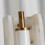 Stellan Alabaster Column Floor Lamp | Natural Alabaster, Brass and Black Metal | Top-down detail view of the brass inner stem inside shade | Severn Lighting