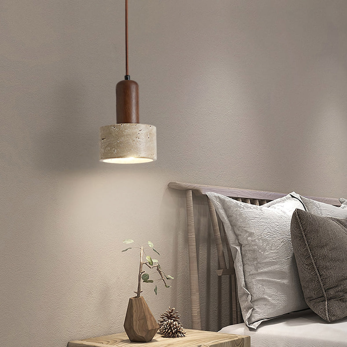 Textured Yellow Travertine Wood Suspension Light