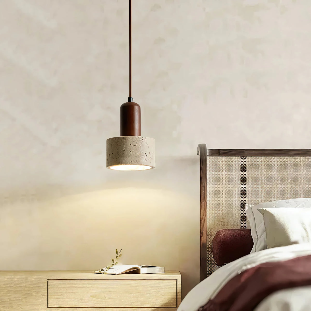 Textured Yellow Travertine Wood Suspension Light
