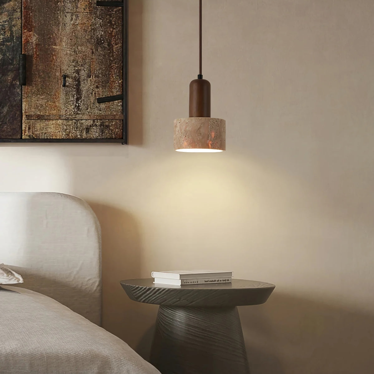 Textured Yellow Travertine Wood Suspension Light