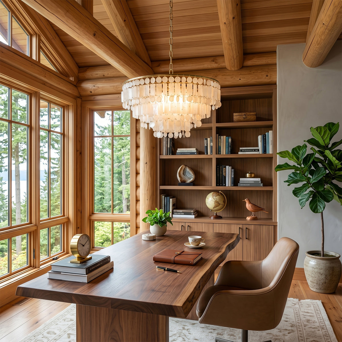 Thalassa Tiered Capiz Shell Chandelier | Capiz Shell, Metal | Providing a warm, sophisticated glow in a rustic log cabin study room over a large wooden executive desk with matching chairs | Severn Lighting
