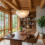 Thalassa Tiered Capiz Shell Chandelier | Capiz Shell, Metal | Providing a warm, sophisticated glow in a rustic log cabin study room over a large wooden executive desk with matching chairs | Severn Lighting