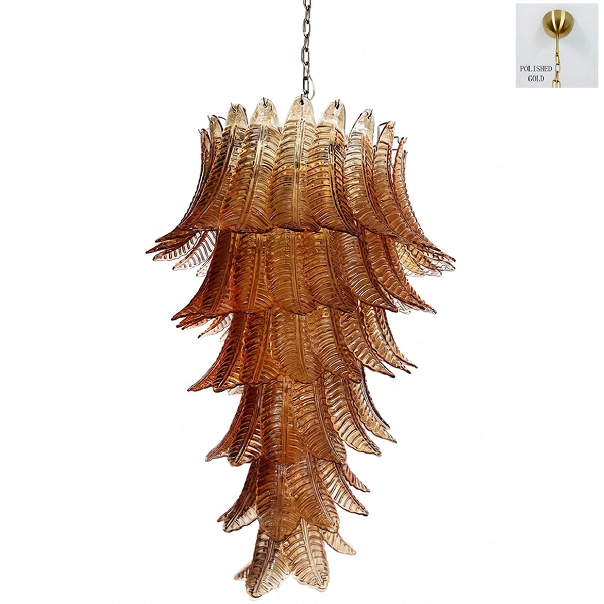 Thessaly Amber Glass Plume Chandelier | Amber Glass and Brass | Brass finish canopy variant full view on a white background | Severn Lighting