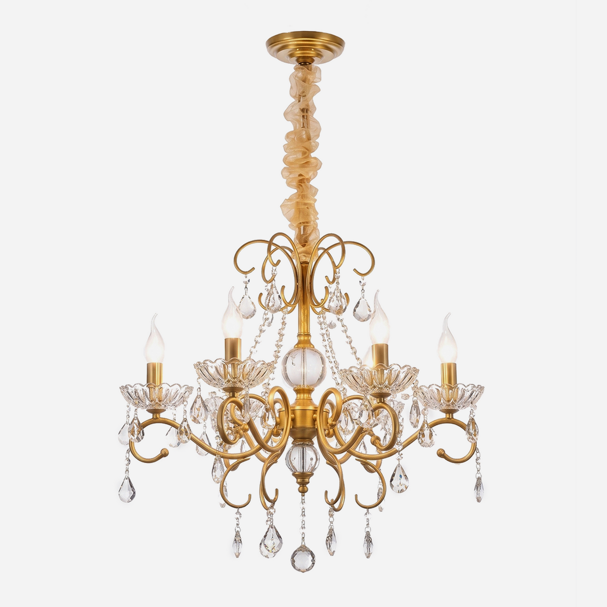 Torvald Scrolled Crystal Brass Chandelier | Cut Crystal and Brass | Front full view on a pure white background, illuminated | Severn Lighting