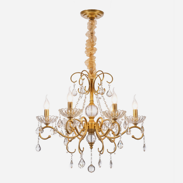 Torvald Scrolled Crystal Brass Chandelier | Cut Crystal and Brass | Front full view on a pure white background, illuminated | Severn Lighting