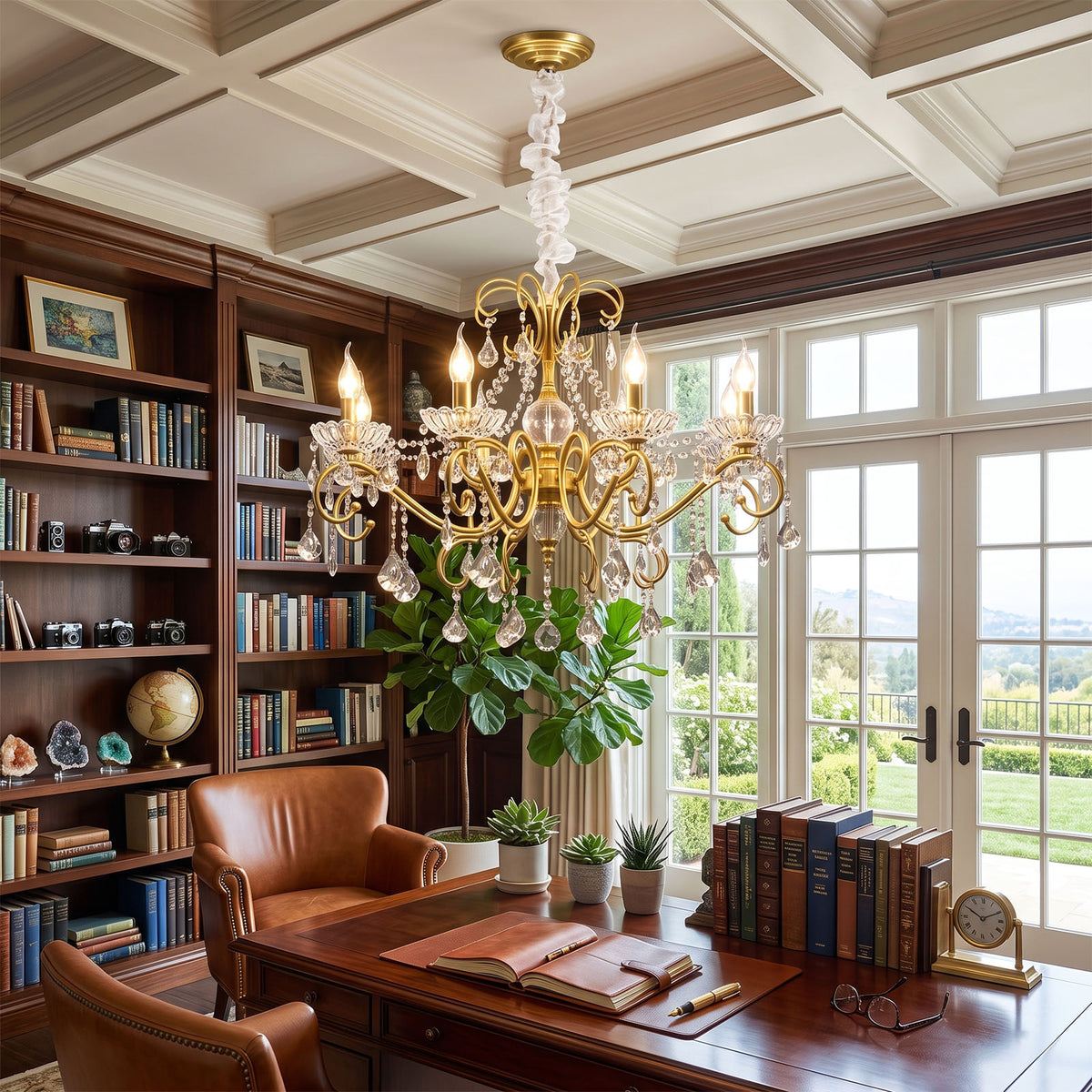 Torvald Scrolled Crystal Brass Chandelier | Cut Crystal and Brass | Centered in a cozy home office library with coffered ceiling and leather chairs | Severn Lighting