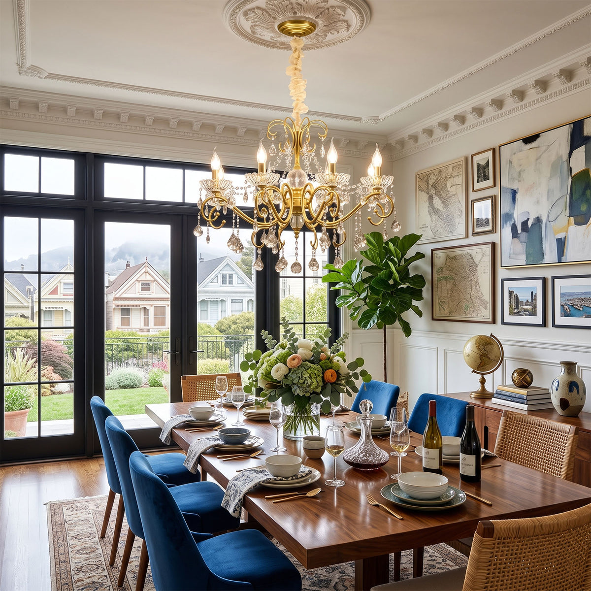 Torvald Scrolled Crystal Brass Chandelier | Cut Crystal and Brass | Suspended over a wooden dining table in a spacious elegant dining area | Severn Lighting