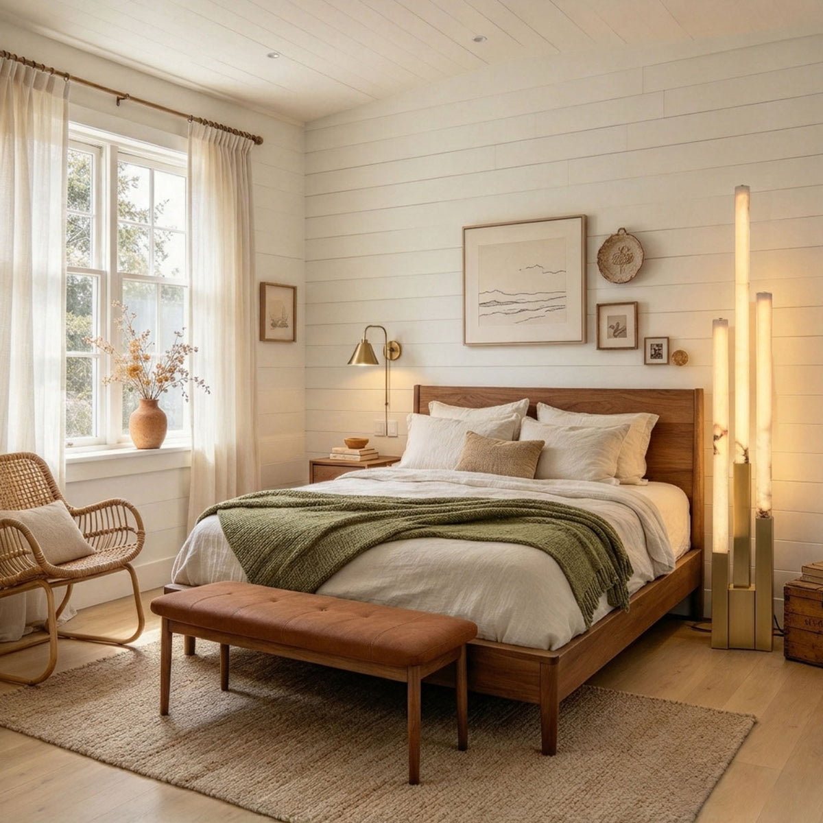 Trelune Column Floor Lamp | Alabaster and Brass | Placed in a sunny living room corner beside green sofa | Severn Lighting