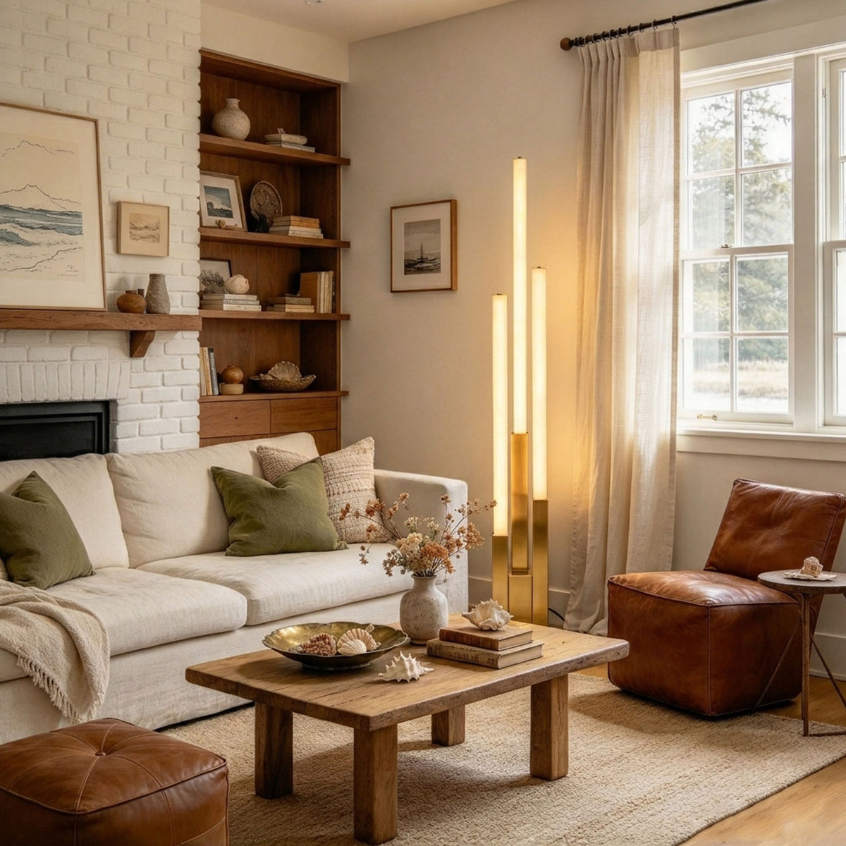 Trelune Column Floor Lamp | Alabaster and Brass | Bedside accent lighting in a rustic wooden bedroom | Severn Lighting
