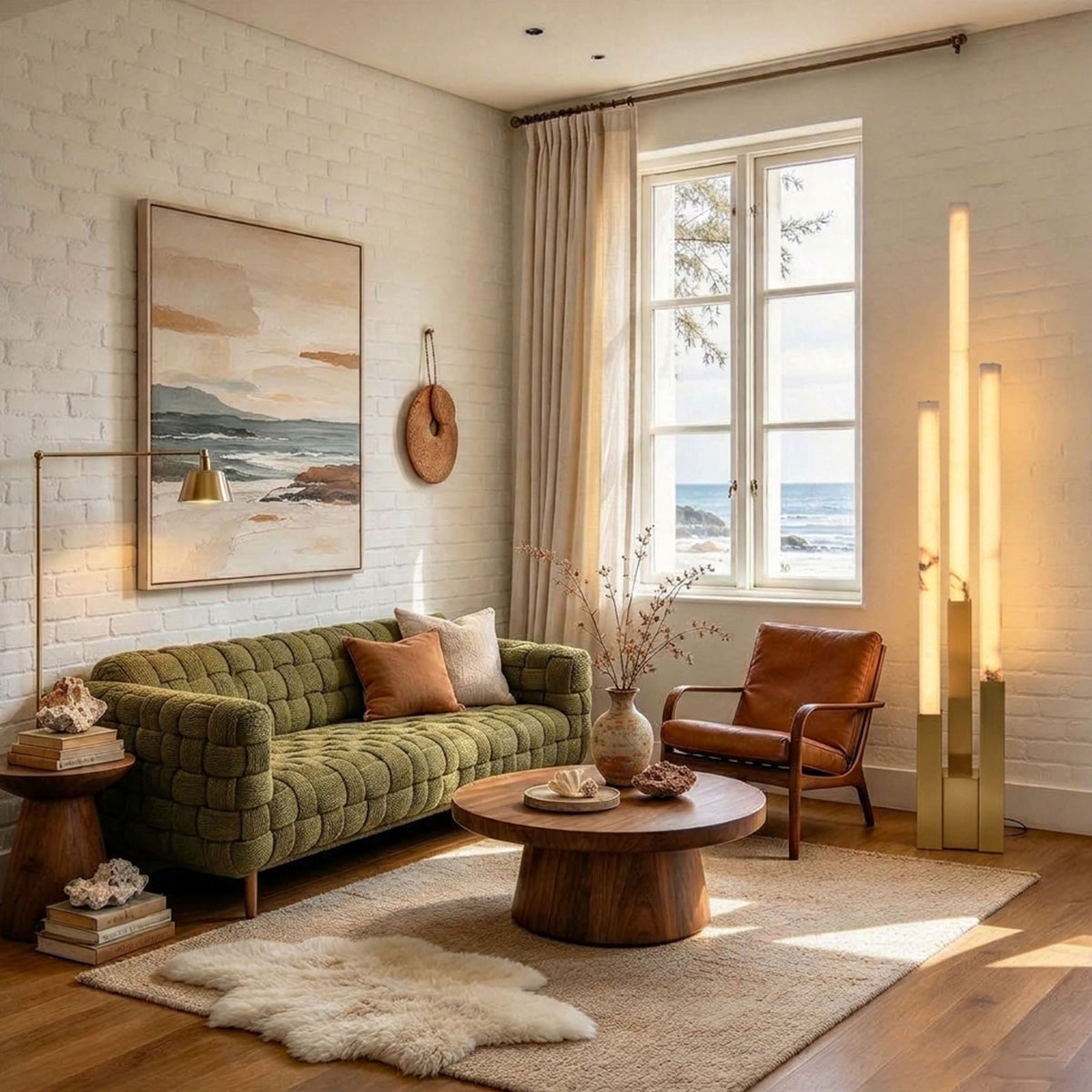 Trelune Column Floor Lamp | Alabaster and Brass | Illuminated beside a white sofa in a cozy living room | Severn Lighting
