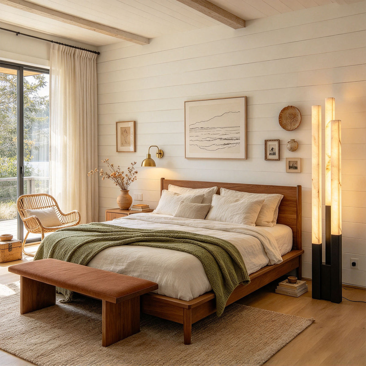 Trelune Column Floor Lamp | Alabaster and Metal | Black base model beside desk in home study office | Severn Lighting