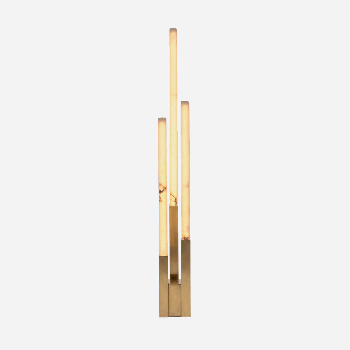 Trelune Column Floor Lamp | Alabaster and Brass | Full view illuminated on pure white background | Severn Lighting