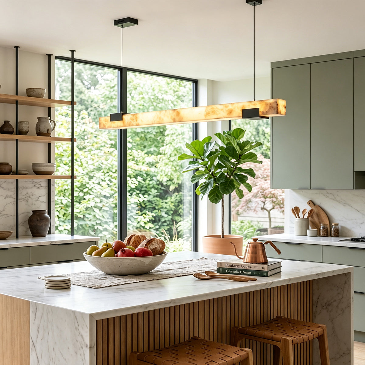 Vale Alabaster Linear Glow Pendant Lighting | Natural Alabaster and Black Metal | Positioned above a cozy wooden kitchen island with sage green cabinets and forest window view | Severn Lighting