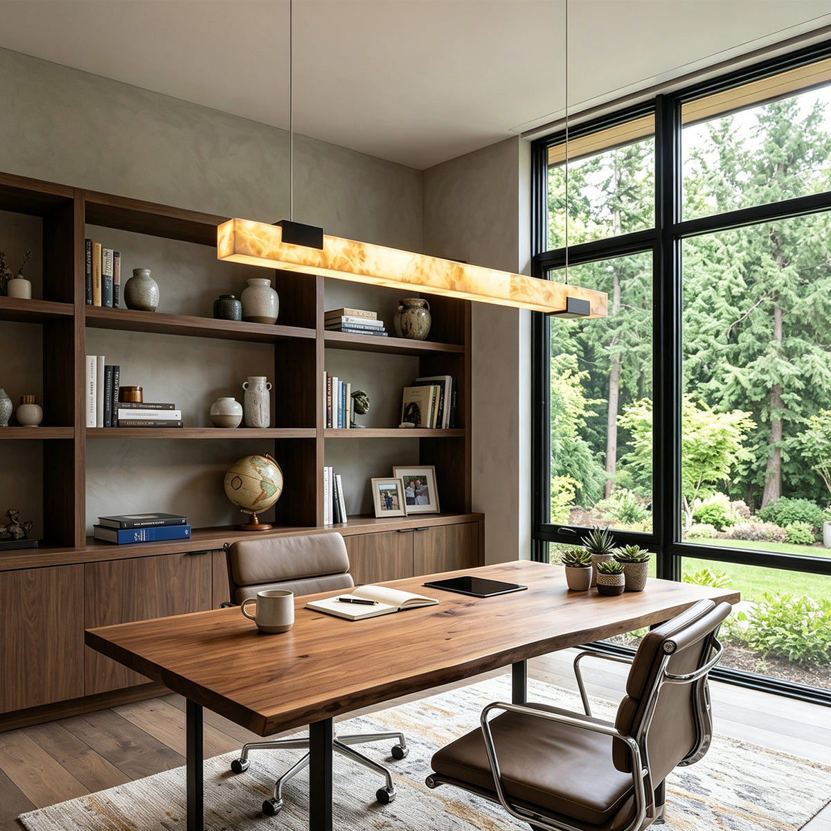 Vale Alabaster Linear Glow Pendant Lighting | Natural Alabaster and Black Metal | Styled in an executive home office study above a wooden desk and bookshelves near scenic window | Severn Lighting