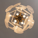 Vaucelle Swirled Glass Disc Tiered Chandelier | Swirled Glass and Brass | Bottom-up view of white glass disc variant showing internal frame and bulbs | Severn Lighting