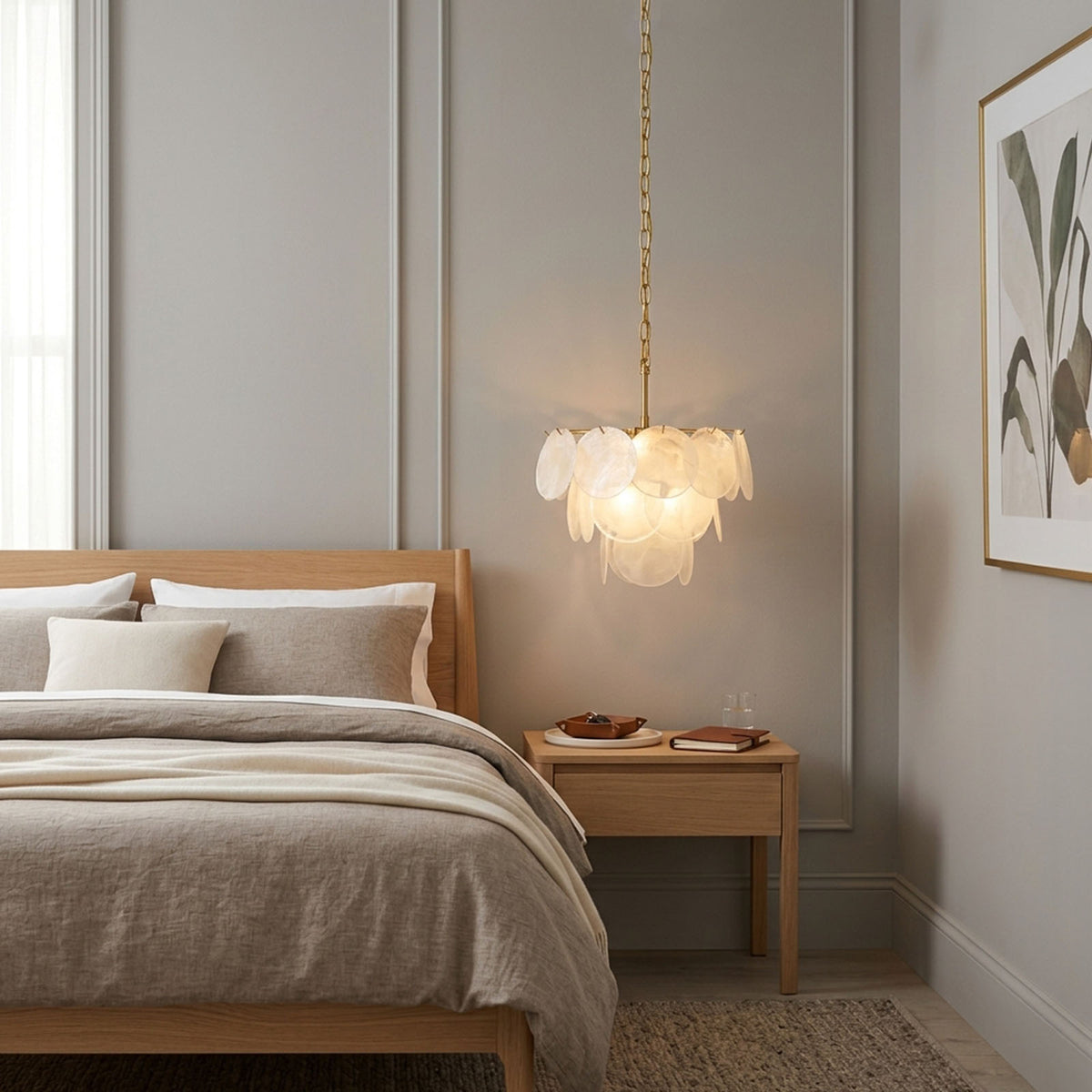Vaucelle Swirled Glass Disc Tiered Chandelier | Swirled Glass and Brass | Styled in a luxury bedroom suite with neutral decor and bed | Severn Lighting