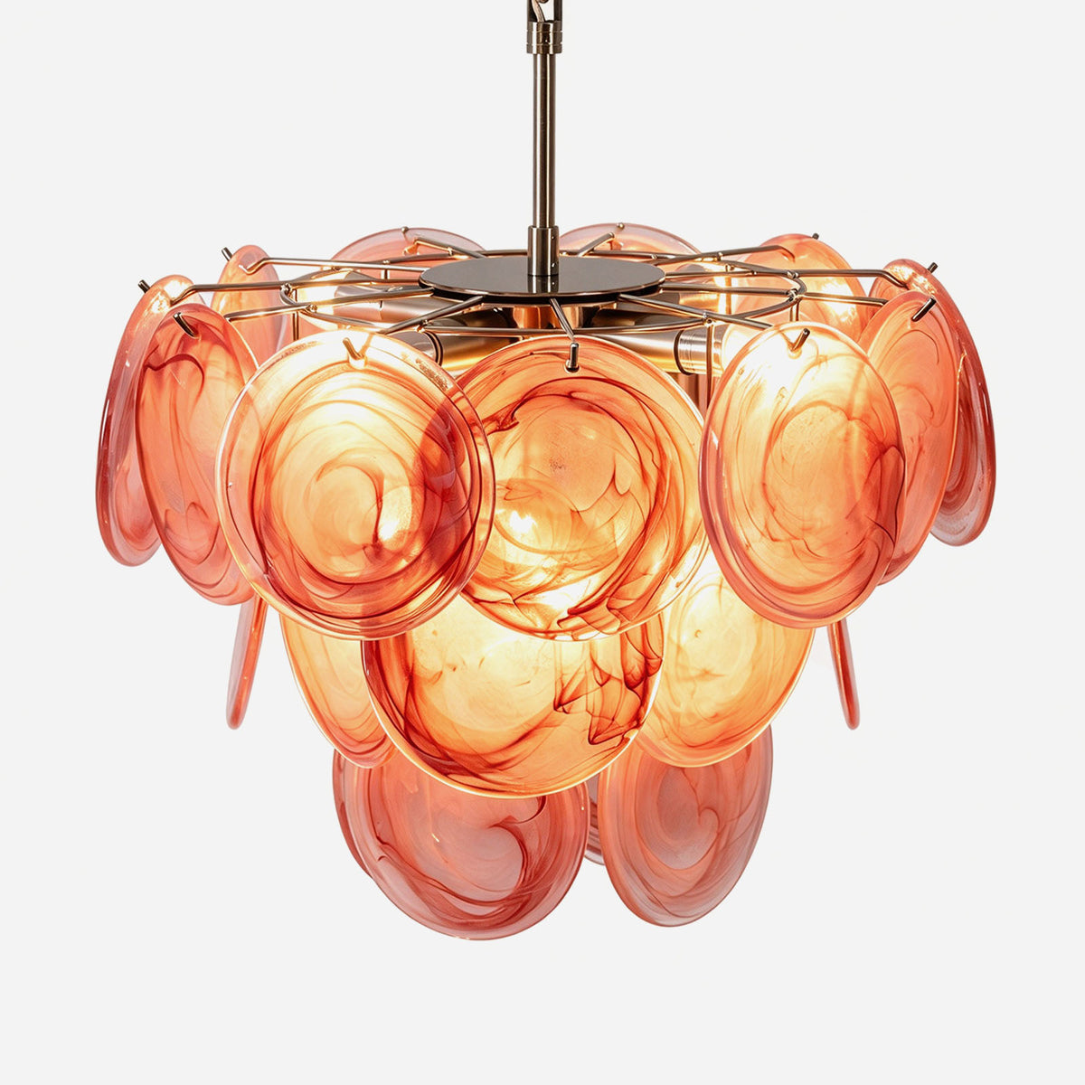Vaucelle Swirled Glass Disc Tiered Chandelier | Swirled Glass and Brass | Front full view on a pure white background, illuminated | Severn Lighting