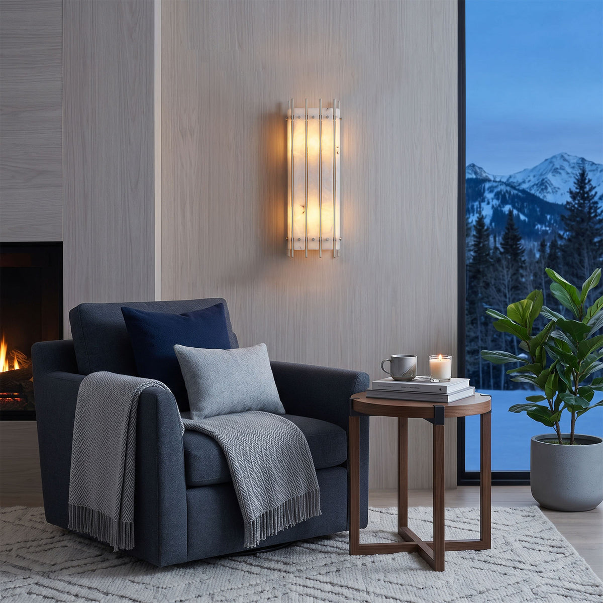 Veraune Bar Wall Sconce | Alabaster and Brass | Mounted beside armchair in a mountain-view reading nook | Severn Lighting