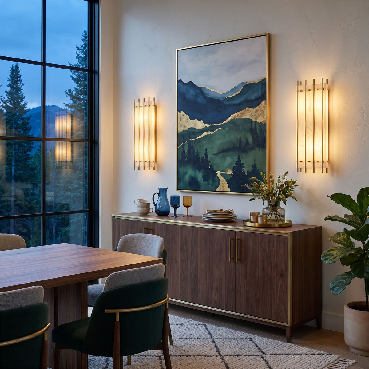 Veraune Bar Wall Sconce | Alabaster and Brass | Symmetrical pair flanking wall art in an elegant room | Severn Lighting