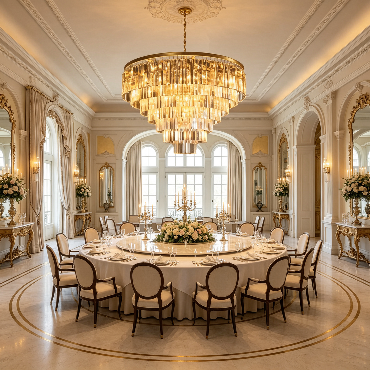 Verity Fringed Glass Tier Chandelier | Fringed Glass and Brass | Centered over a large round dining table in a stately dining room | Severn Lighting