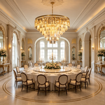 Verity Fringed Glass Tier Chandelier | Fringed Glass and Brass | Centered over a large round dining table in a stately dining room | Severn Lighting