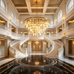 Verity Fringed Glass Tier Chandelier | Fringed Glass and Brass | Suspended in a luxurious entryway with double curved staircases | Severn Lighting