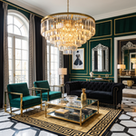 Verity Fringed Glass Tier Chandelier | Fringed Glass and Brass | Displayed in a luxury lounge with green velvet chairs and dark paneled walls | Severn Lighting