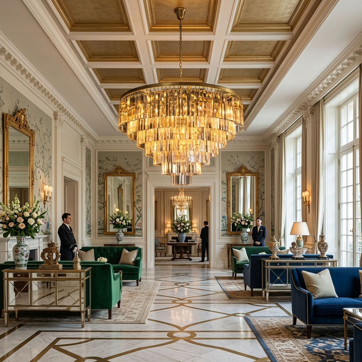 Verity Fringed Glass Tier Chandelier | Fringed Glass and Brass | Illuminating a grand foyer corridor with coffered ceiling and marble floor | Severn Lighting