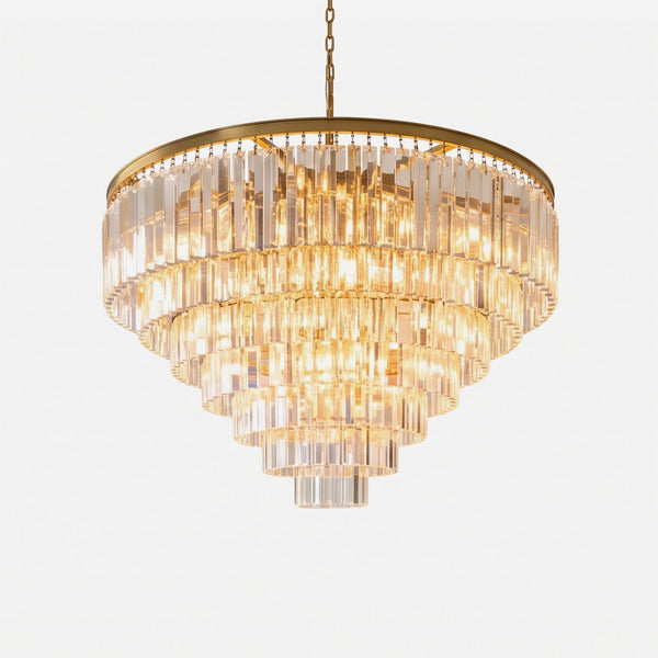 Verity Fringed Glass Tier Chandelier | Fringed Glass and Brass | Front full view on a pure white background, illuminated | Severn Lighting