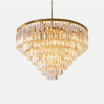 Verity Fringed Glass Tier Chandelier | Fringed Glass and Brass | Front full view on a pure white background, illuminated | Severn Lighting
