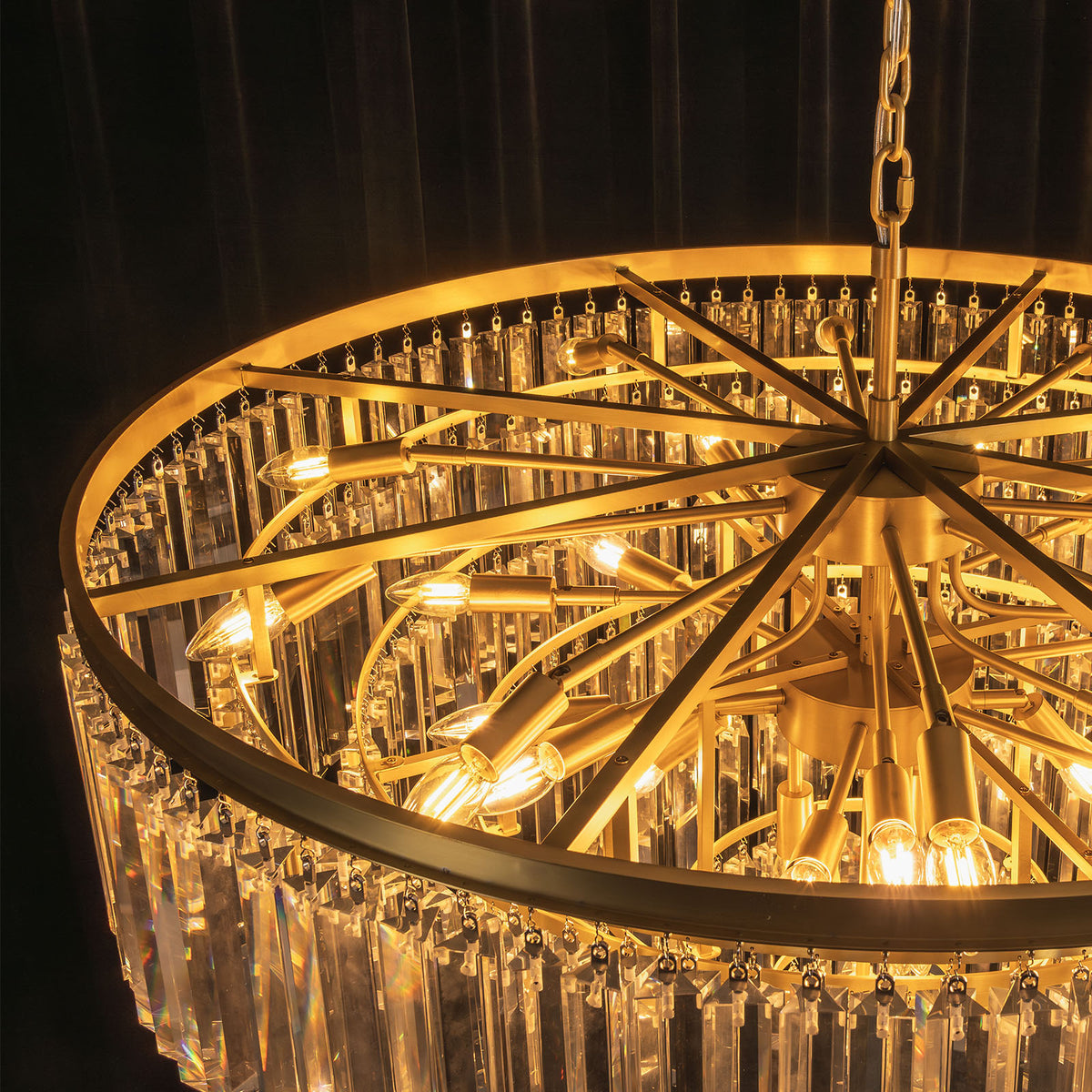 Verity Fringed Glass Tier Chandelier | Fringed Glass and Brass | Top perspective showing the internal brass frame and light sockets | Severn Lighting