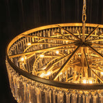 Verity Fringed Glass Tier Chandelier | Fringed Glass and Brass | Top perspective showing the internal brass frame and light sockets | Severn Lighting