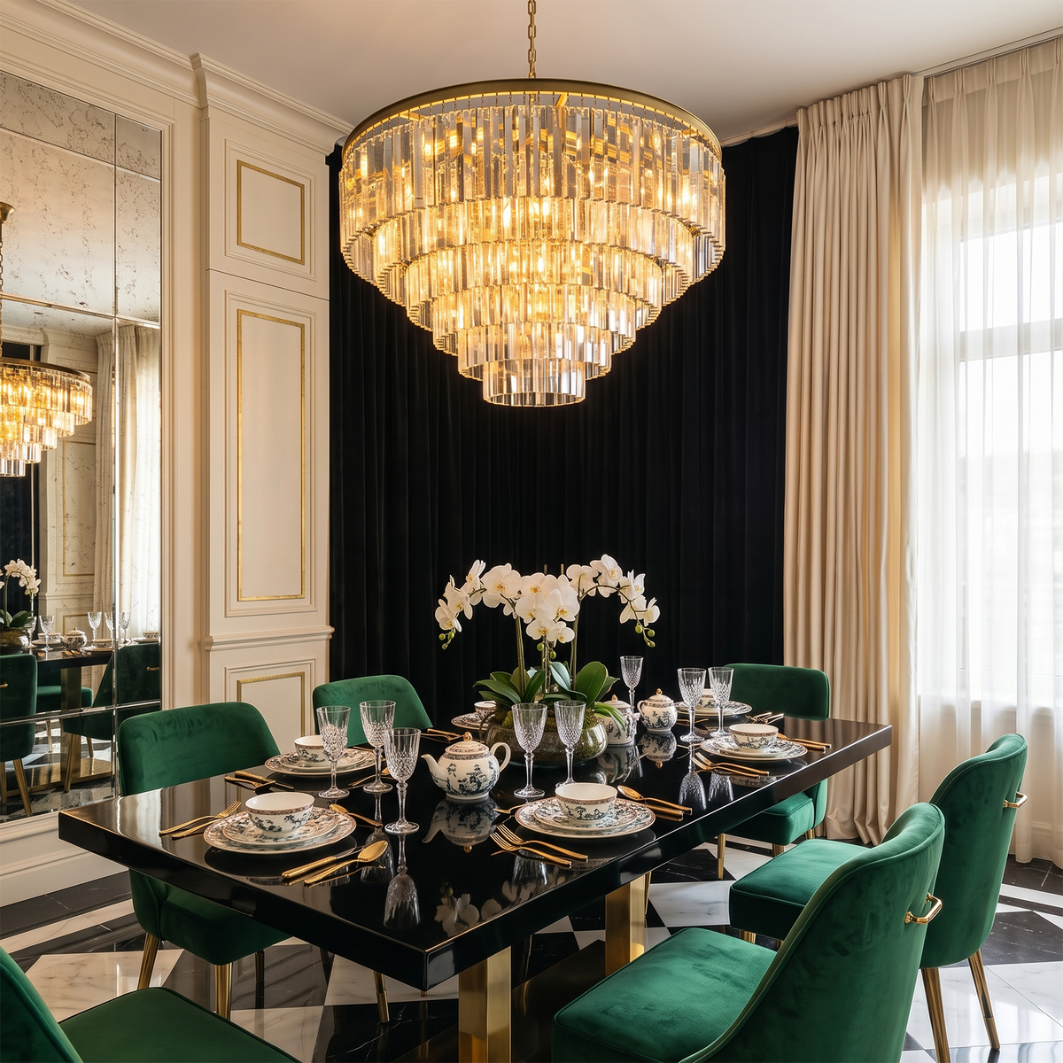 Verity Fringed Glass Tier Chandelier | Fringed Glass and Brass | Centered above a dark dining table with emerald green chairs | Severn Lighting