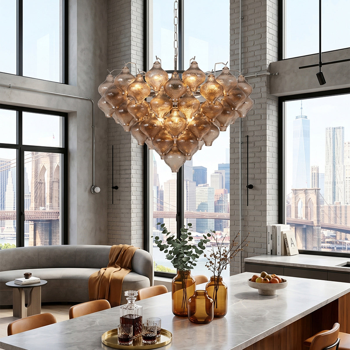 Vespera Tiered Smoked Glass Chandelier | Textured Smoked Glass | Suspended in a bright high-ceiling living area with a panoramic city bridge window view | Severn Lighting